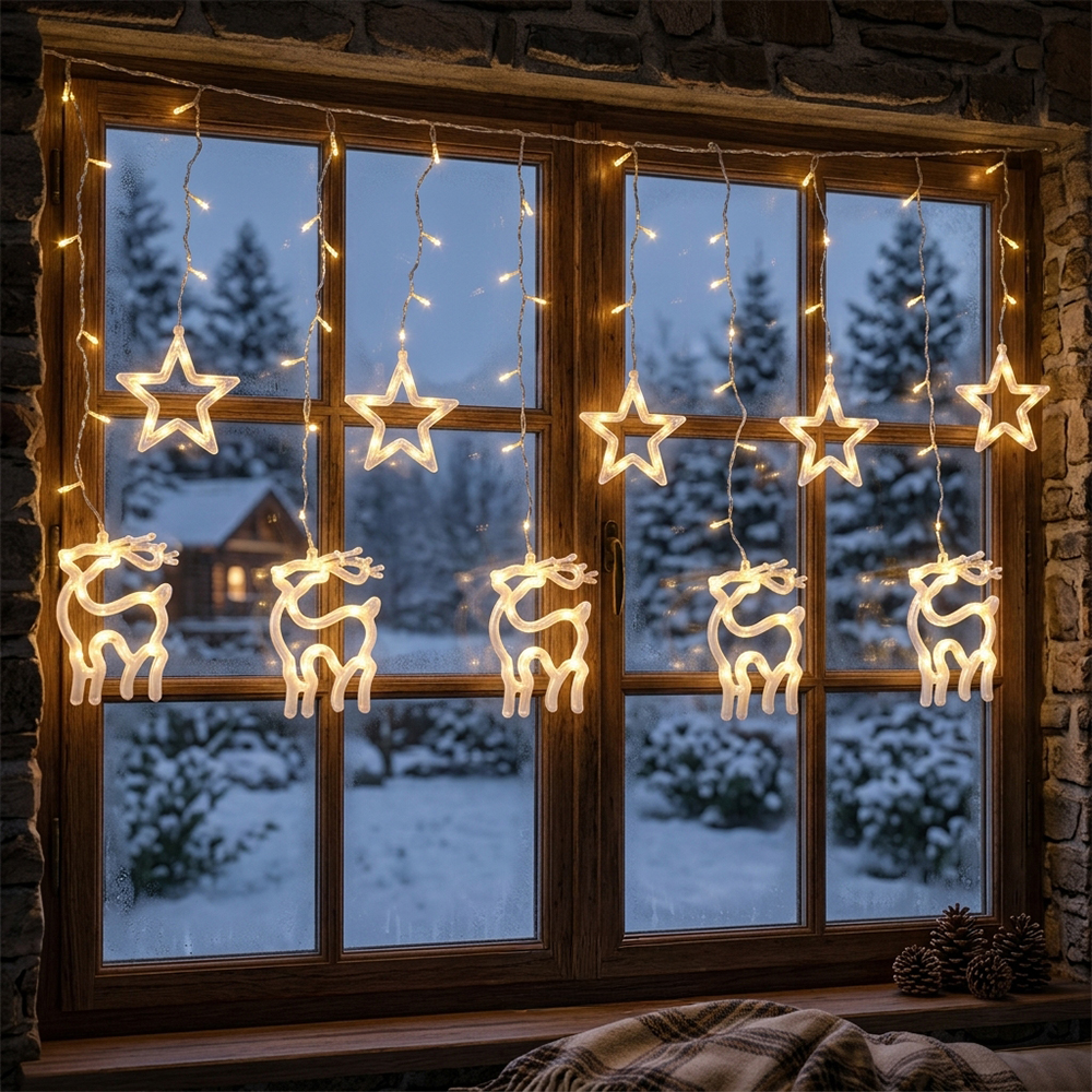 LED vánoční světelný závěs s motivy hvězd a sobů 8019WW - náhled 6
