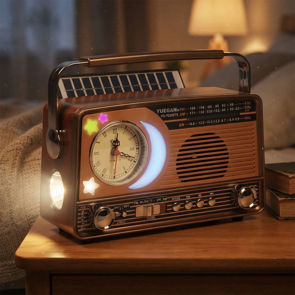 3pásmové solární rádio s hodinami zlaté YG-7030BTS - náhled 6