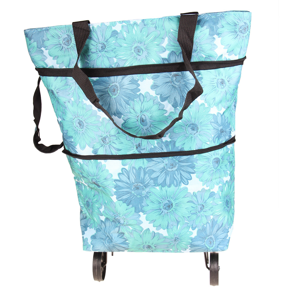 Nákupní taška s kolečky modrá s květy - náhled 4