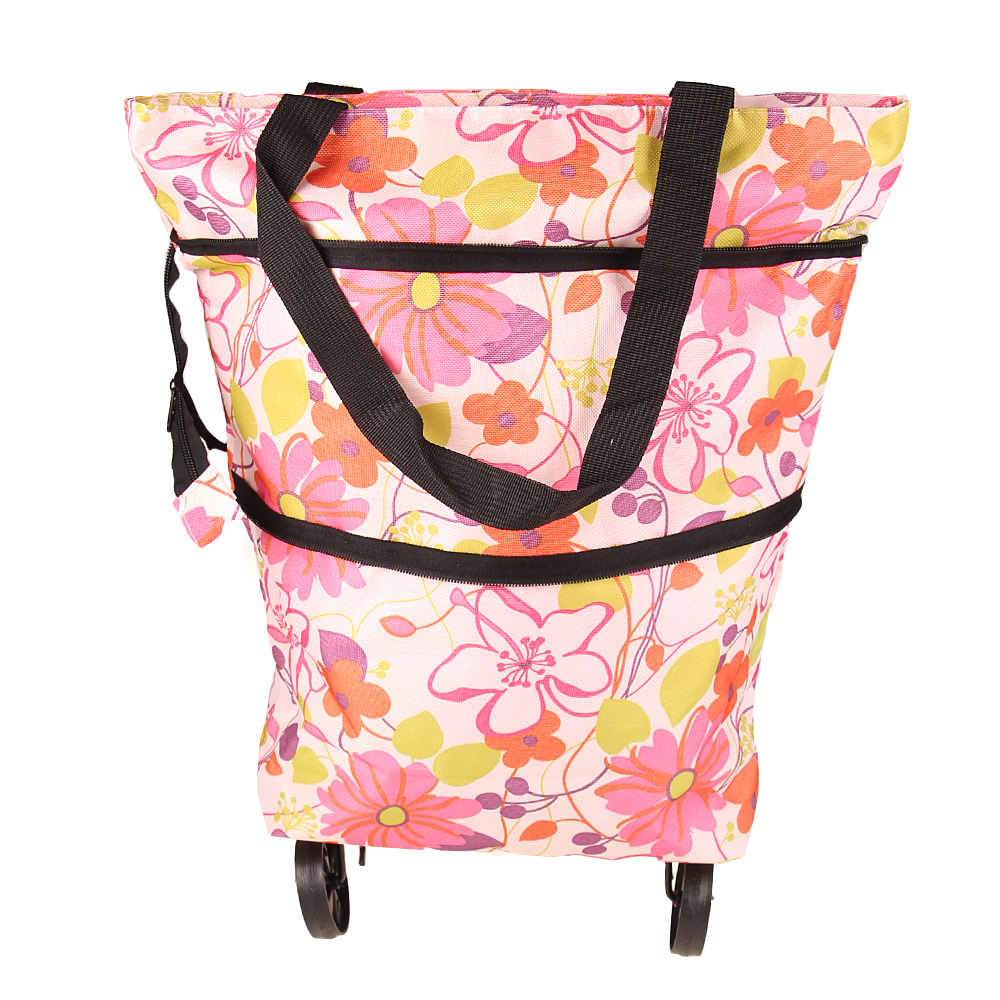 Nákupní taška s kolečky růžové květy - náhled 2