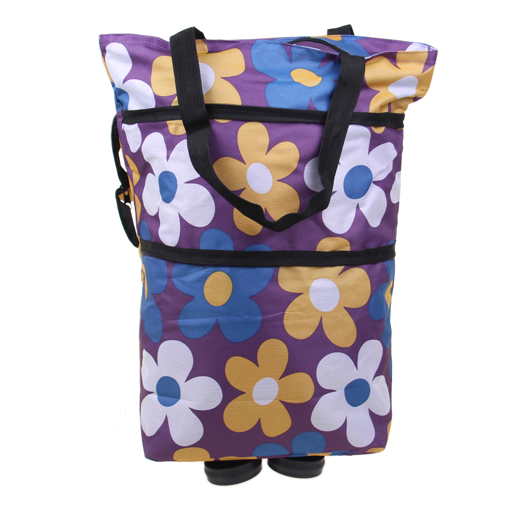 Nákupní taška s kolečky fialová s květy - náhled 1